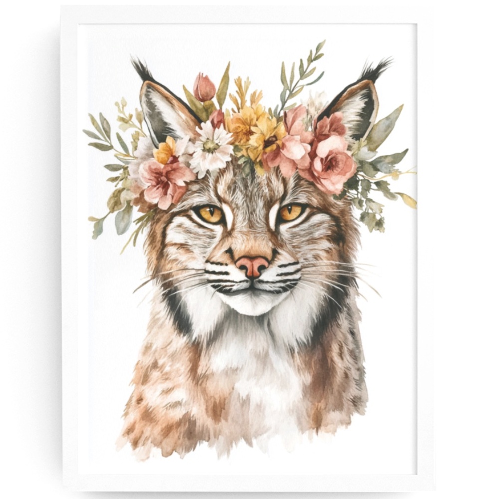 Watercolor Floral Lynx Portrait Wall Art Illustration Print Poster Unframed - Picture 1 of 9